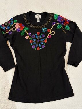 Vintage SML Sport Black Beaded/Sequin Crewneck Sweater-1991